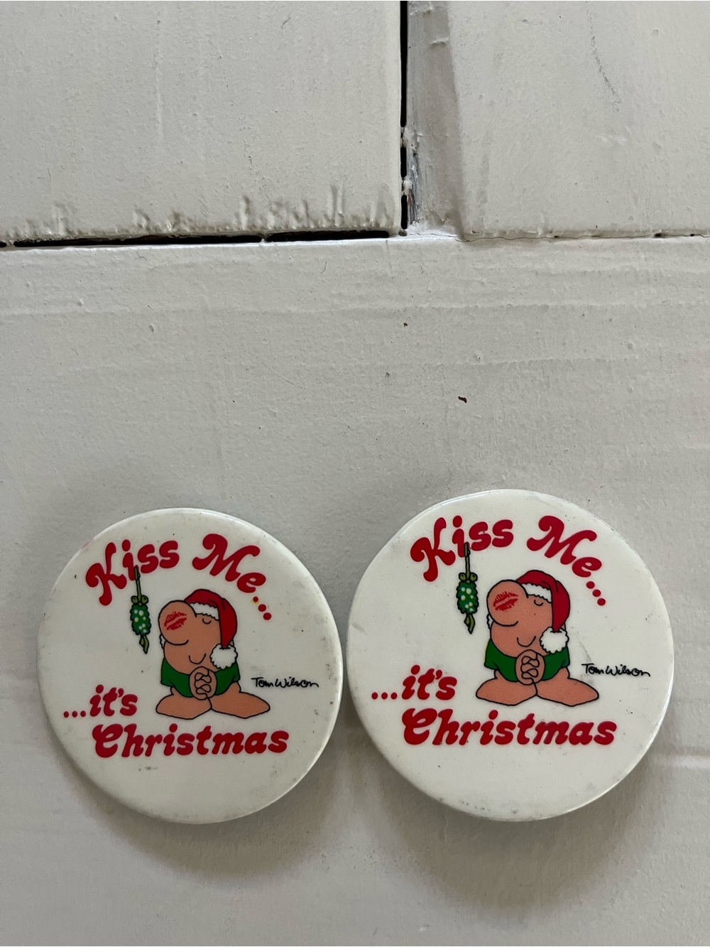 Vintage his/her Holiday Button Pins - White "Kiss Me... it's Christmas"